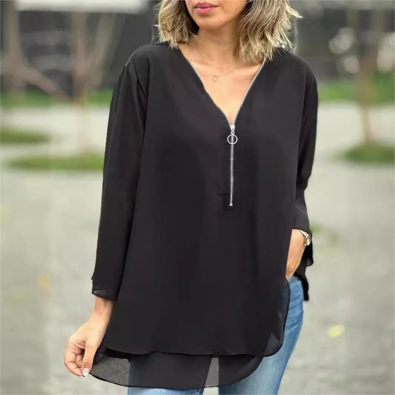 Tops doux à col en V double couche avec fermeture à glissière et manches 3/4