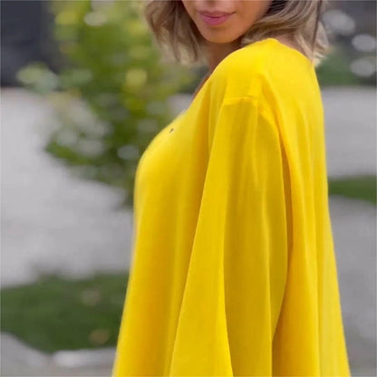 Tops doux à col en V double couche avec fermeture à glissière et manches 3/4