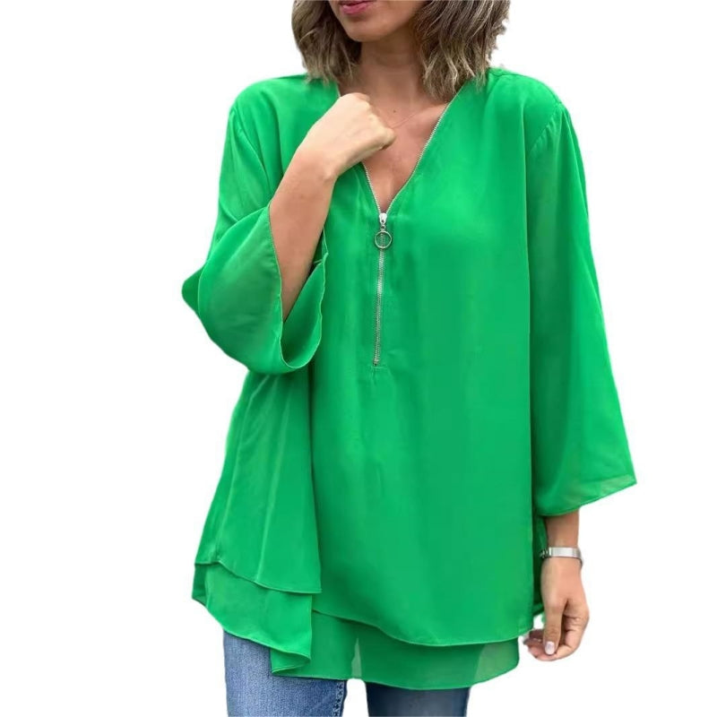 Tops doux à col en V double couche avec fermeture à glissière et manches 3/4