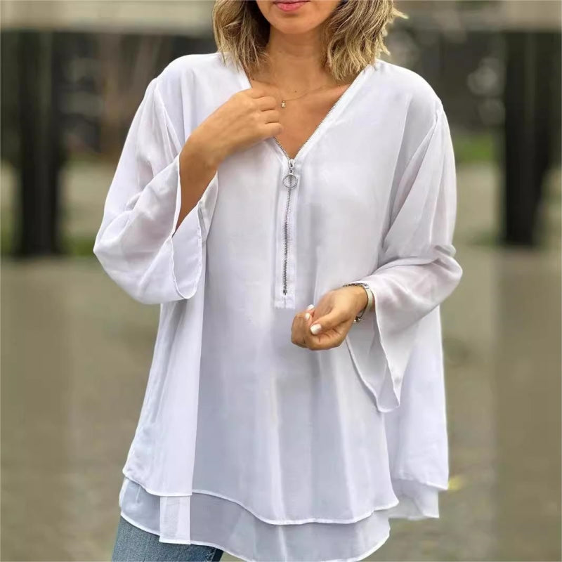Tops doux à col en V double couche avec fermeture à glissière et manches 3/4