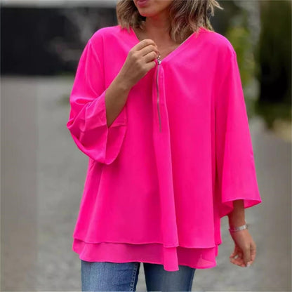 Tops doux à col en V double couche avec fermeture à glissière et manches 3/4