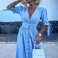 Robe en denim boutonnée à col en V pour femmes