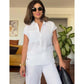 Ensemble élégant 2 pièces en lin et coton : chemise à manches courtes et pantalon à jambes larges