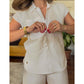 Ensemble élégant 2 pièces en lin et coton : chemise à manches courtes et pantalon à jambes larges