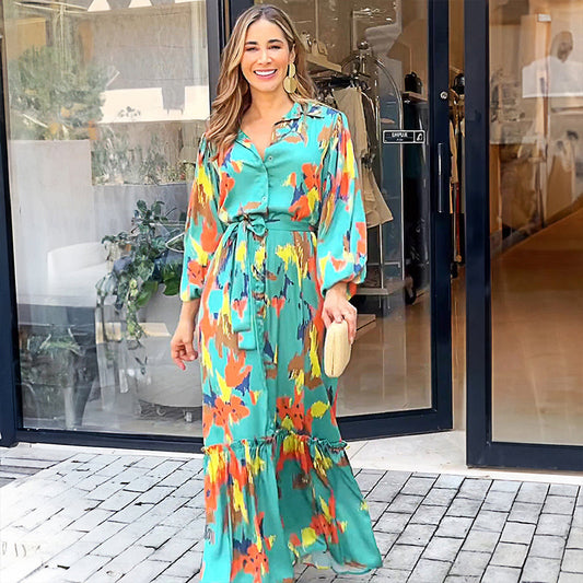 【🛒Livraison Gratuit & 50% de réduction】Lapel Button Printed Maxi Dress