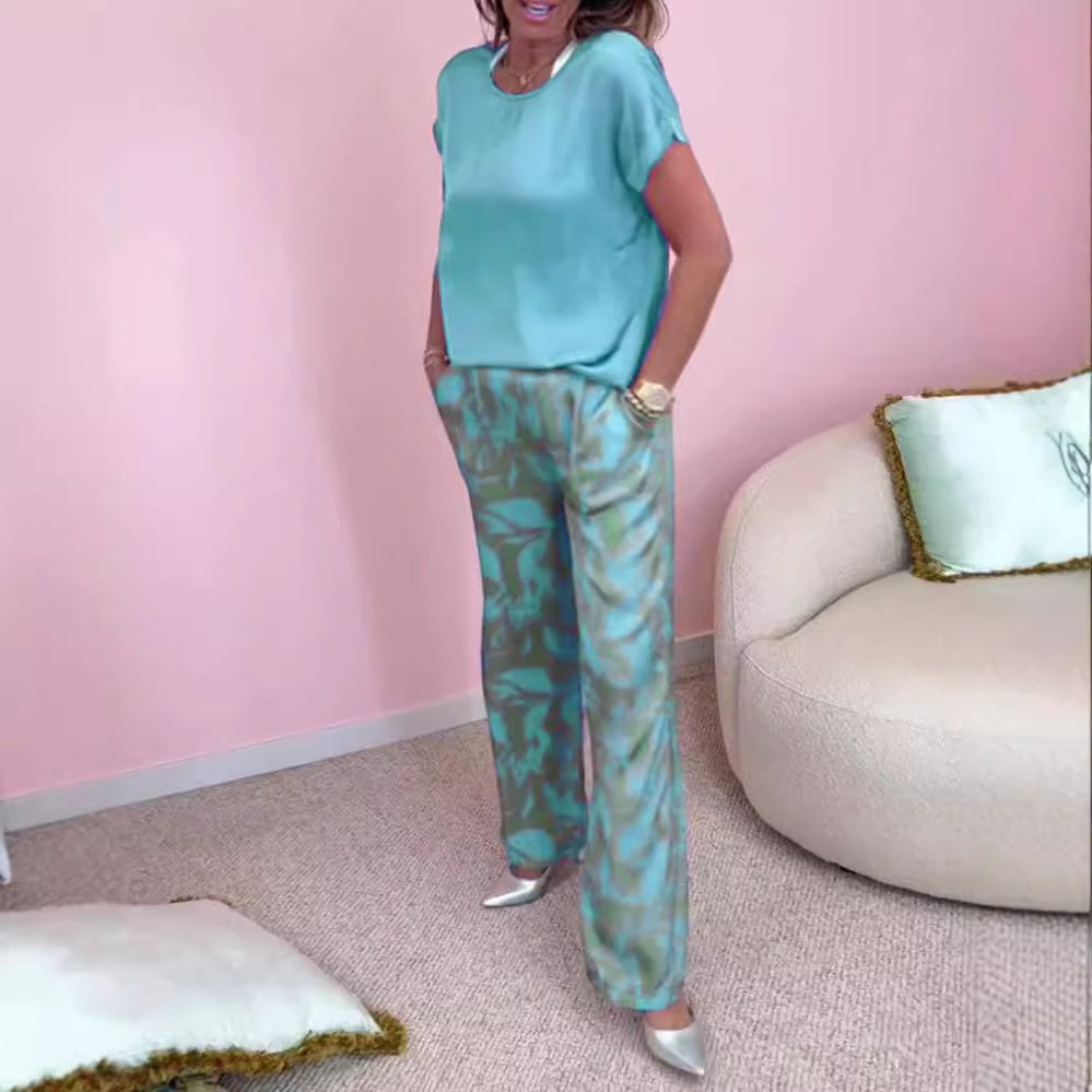 🔥Soldes d'été🔥Ensemble 2 pièces avec haut imprimé et pantalon large