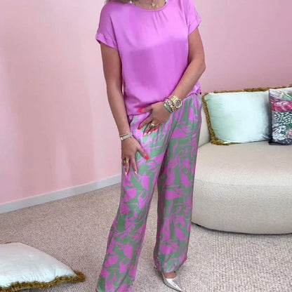 🔥Soldes d'été🔥Ensemble 2 pièces avec haut imprimé et pantalon large