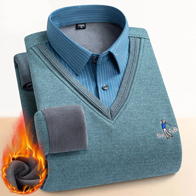 Pull double couche doublé en polaire thermique pour hommes
