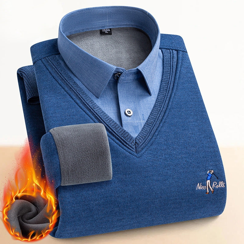 Pull double couche doublé en polaire thermique pour hommes