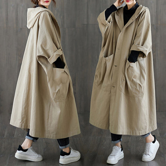 💗 Trench-coat long surdimensionné à capuche avec grandes poches