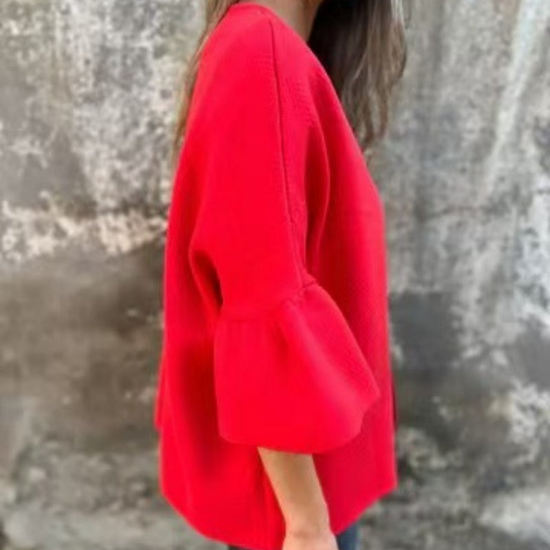 💃Veste à manches courtes à col rond et à manches évasées pour femmes💝