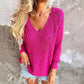 Pull Texturé en Crochet à Manches Longues avec Col en V Profond