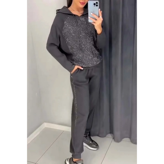 🍂vente saisonnière❄️Sweat-shirt à capuche et pantalon de jogging à revers pour femme (ensemble 2 pièces)