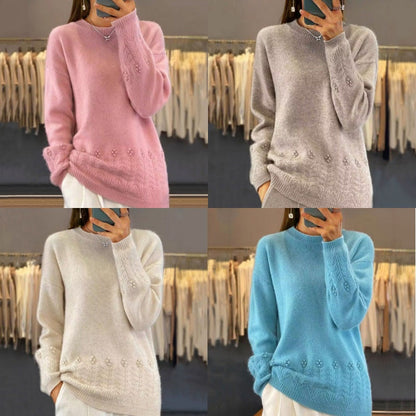 Pull tricoté rétro de couleur unie à col rond pour femmes