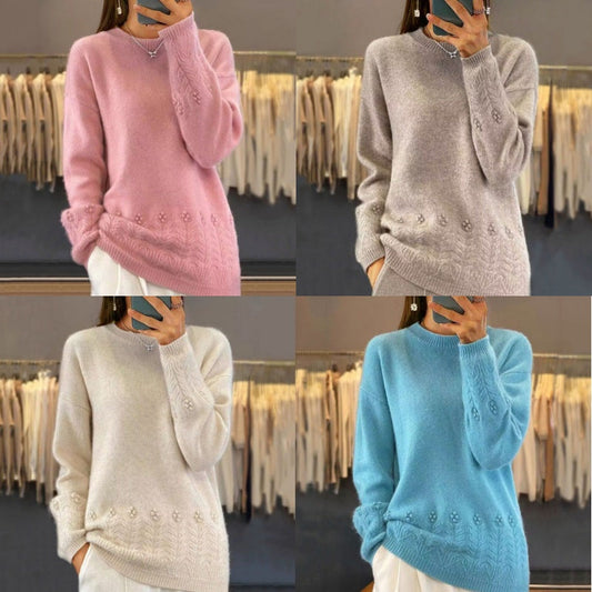 Pull tricoté rétro de couleur unie à col rond pour femmes