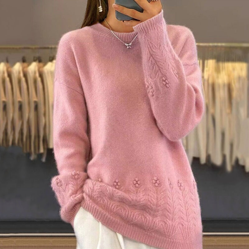 Pull tricoté rétro de couleur unie à col rond pour femmes