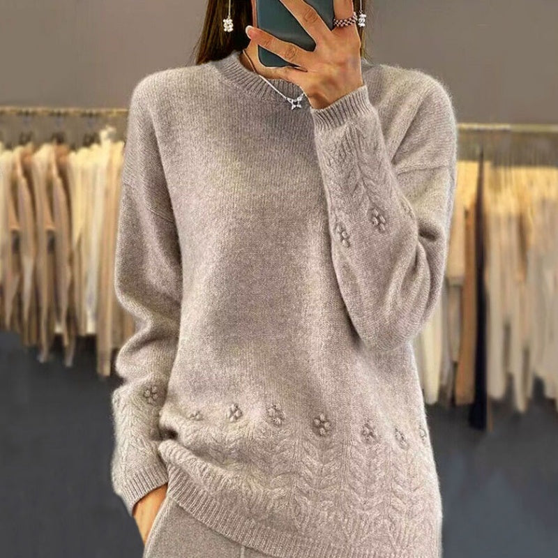 Pull tricoté rétro de couleur unie à col rond pour femmes