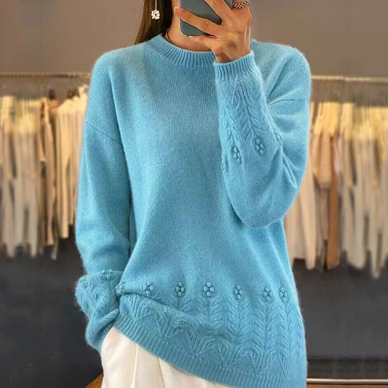 Pull tricoté rétro de couleur unie à col rond pour femmes