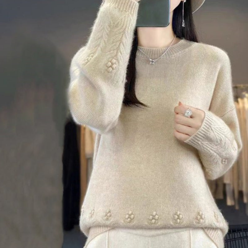 Pull tricoté rétro de couleur unie à col rond pour femmes