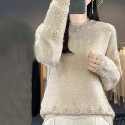 Pull tricoté rétro de couleur unie à col rond pour femmes