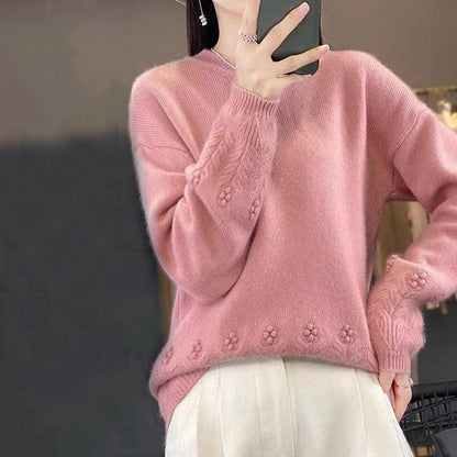 Pull tricoté rétro de couleur unie à col rond pour femmes