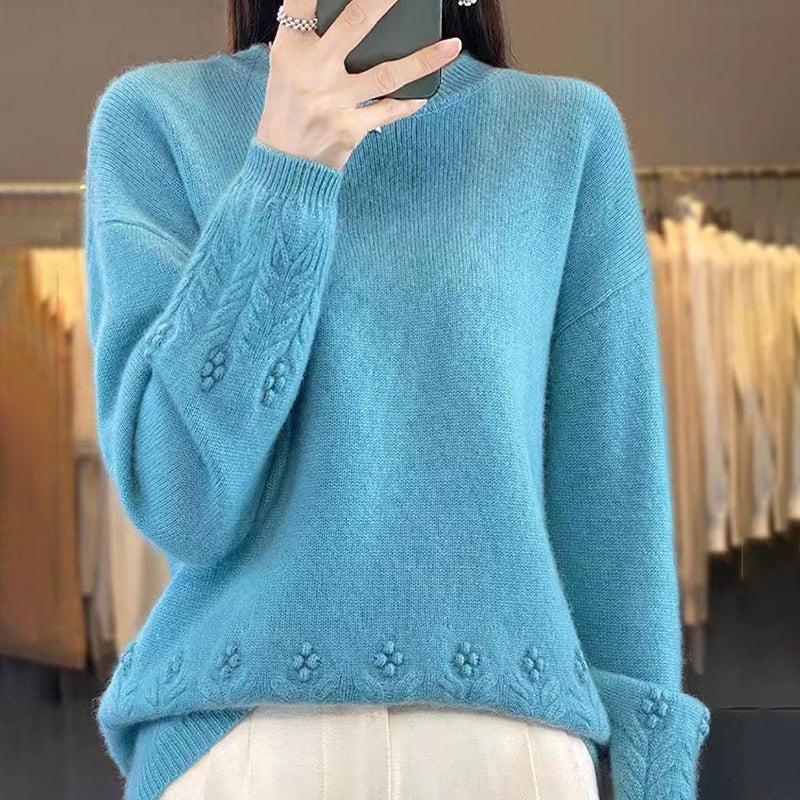 Pull tricoté rétro de couleur unie à col rond pour femmes