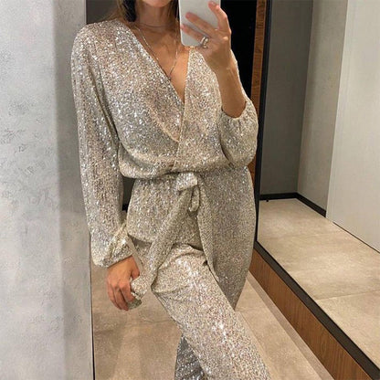 Combinaison à Paillettes et Col en V avec Ceinture pour Femmes