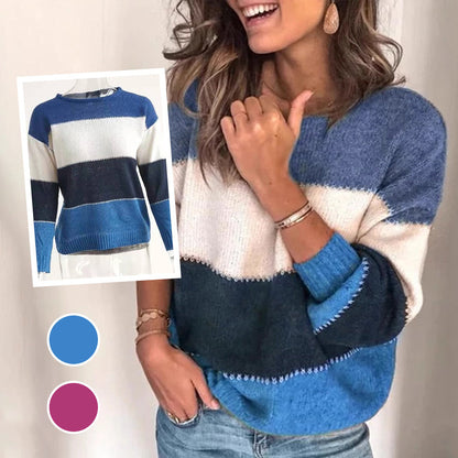 Pull Tricoté à Col Rond et Blocs de Couleurs pour Femme