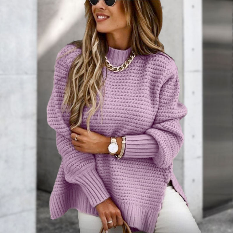 Pull en Tricot de Couleur Unie avec Fentes Latérales et Col Rond