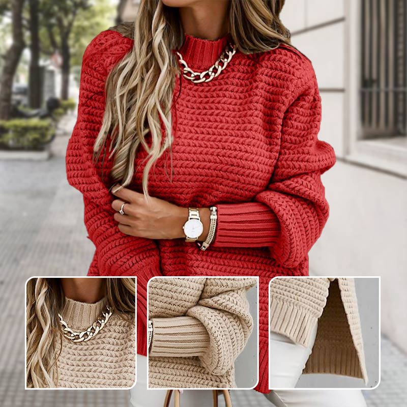 Pull en Tricot de Couleur Unie avec Fentes Latérales et Col Rond
