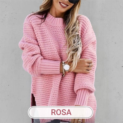 Pull en Tricot de Couleur Unie avec Fentes Latérales et Col Rond