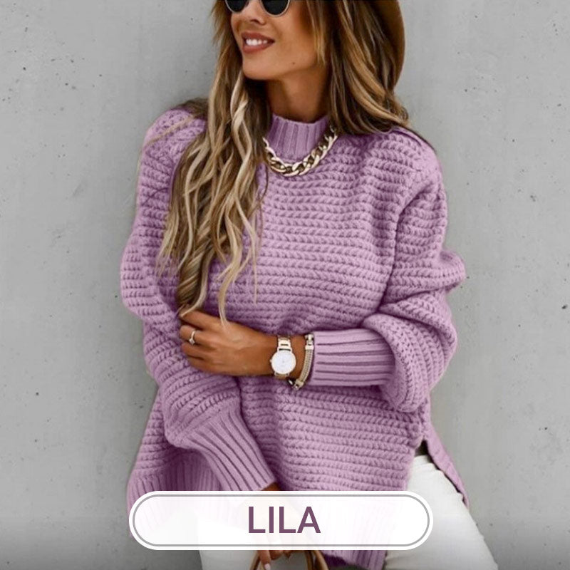 Pull en Tricot de Couleur Unie avec Fentes Latérales et Col Rond