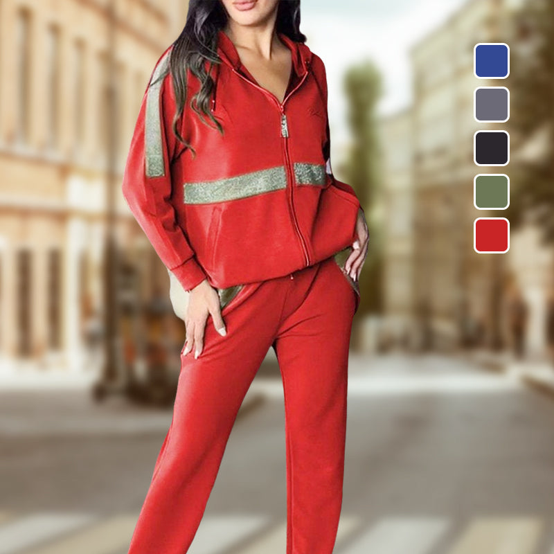💥 Ensemble 2 pièces décontracté à paillettes et embellissement de couleur unie pour femmes