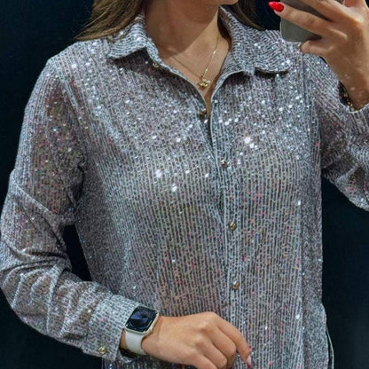 Chemise à Paillettes avec Col à Revers et Boutonnage Simple pour Femmes