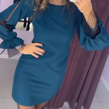 Robe à Manches Longues et Col Rond avec Poignets en Maille