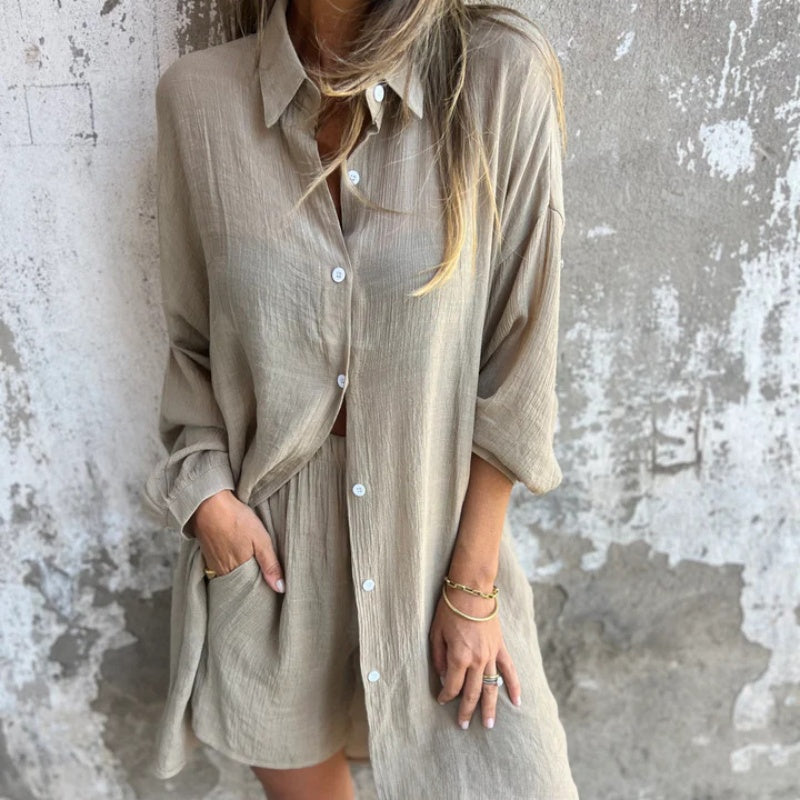 🔥Vente flash 52% de réduction💃Ensemble deux pièces chemise à manches longues et short décontracté pour femme