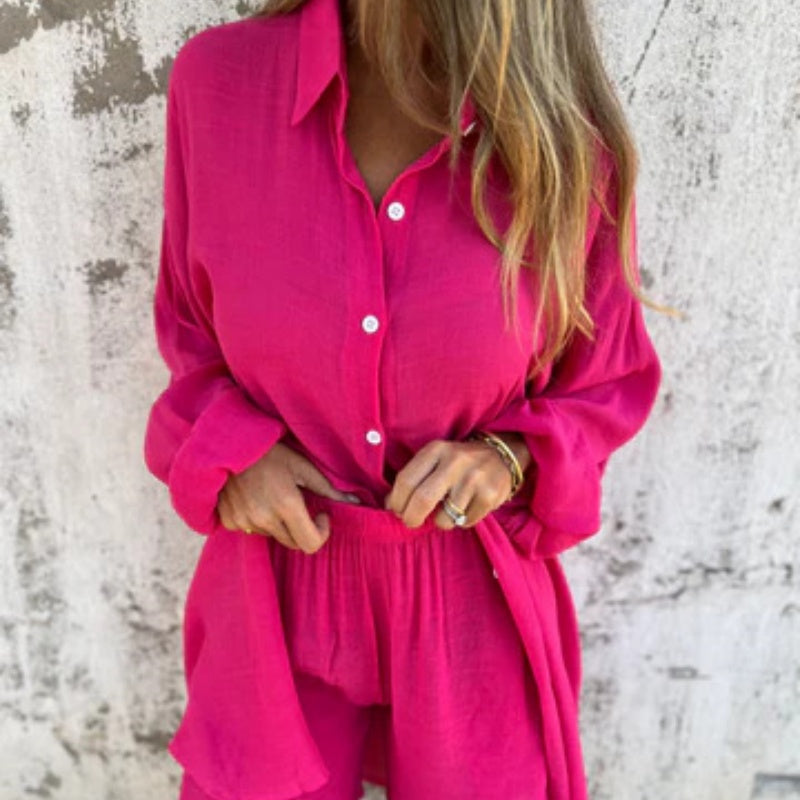 🔥Vente flash 52% de réduction💃Ensemble deux pièces chemise à manches longues et short décontracté pour femme