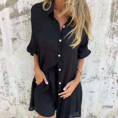🔥Vente flash 52% de réduction💃Ensemble deux pièces chemise à manches longues et short décontracté pour femme