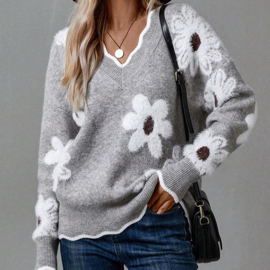 Pull à Motif Floral avec Bordure Festonnée pour Femmes