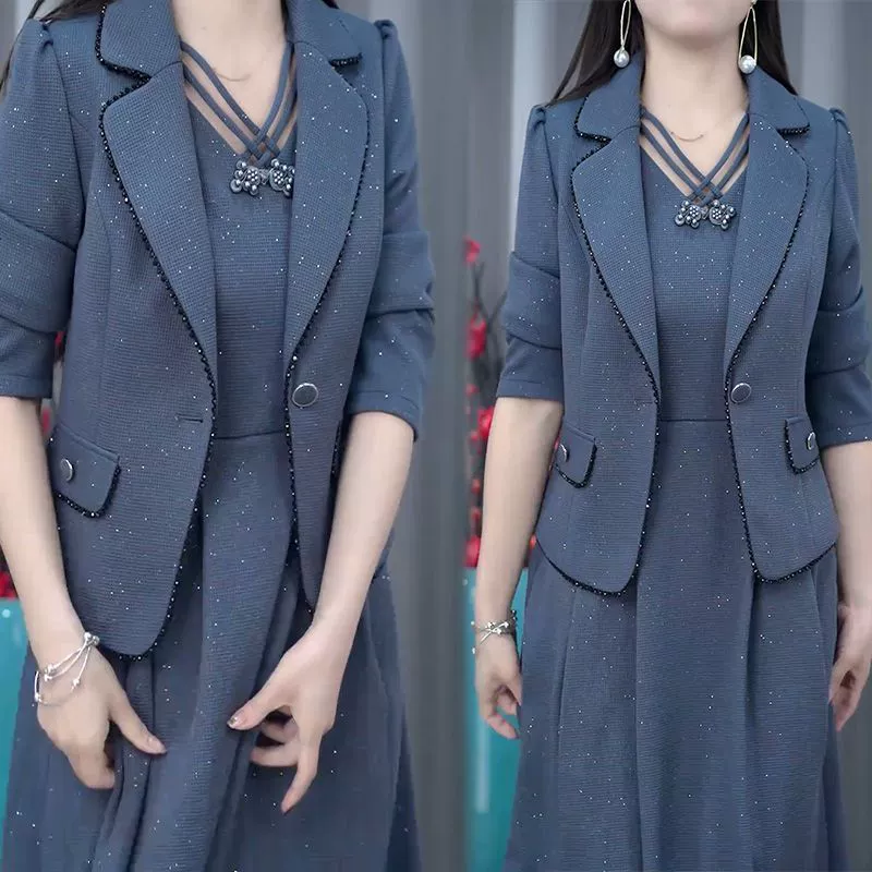 Ensemble 2 Pièces : Blazer Tendance et Robe Sans Manches pour Femme