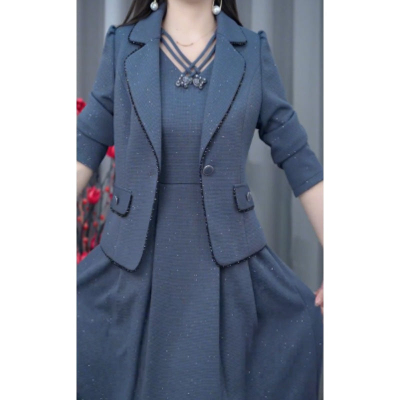 Ensemble 2 Pièces : Blazer Tendance et Robe Sans Manches pour Femme