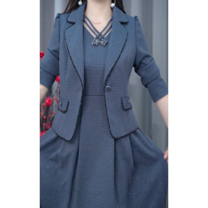 Ensemble 2 Pièces : Blazer Tendance et Robe Sans Manches pour Femme