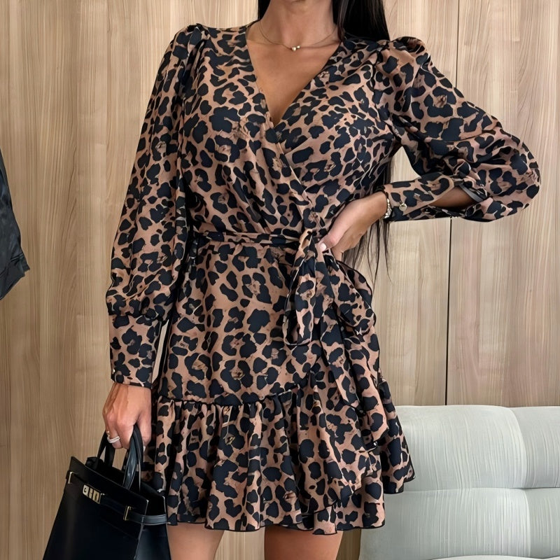 💖 JUSQU'À 50 % DE RÉDUCTION💖Leopard Print Wrap V-Neck Waist Tie Dress