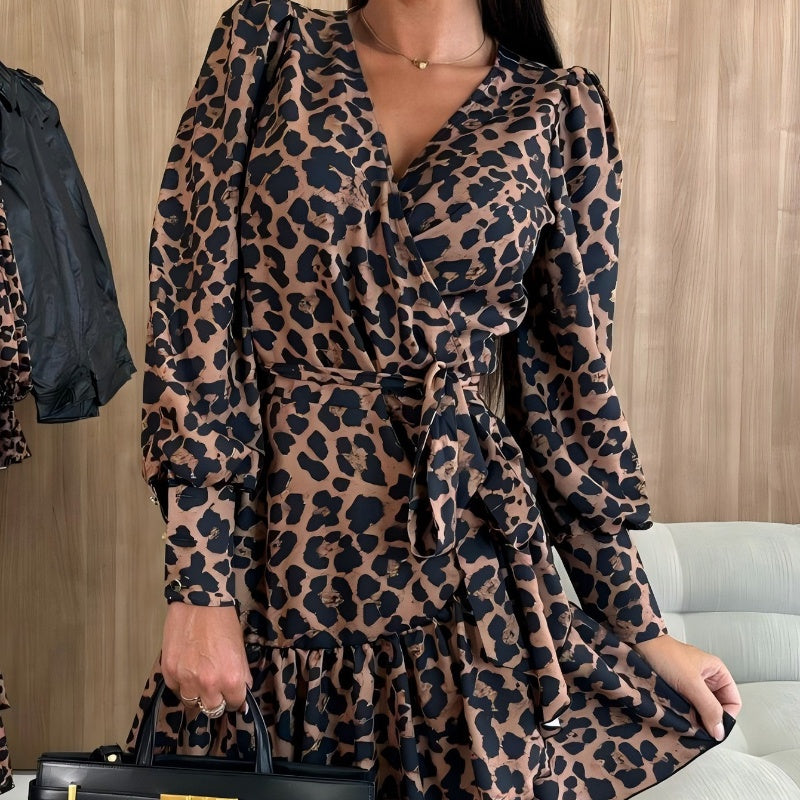 💖 JUSQU'À 50 % DE RÉDUCTION💖Leopard Print Wrap V-Neck Waist Tie Dress