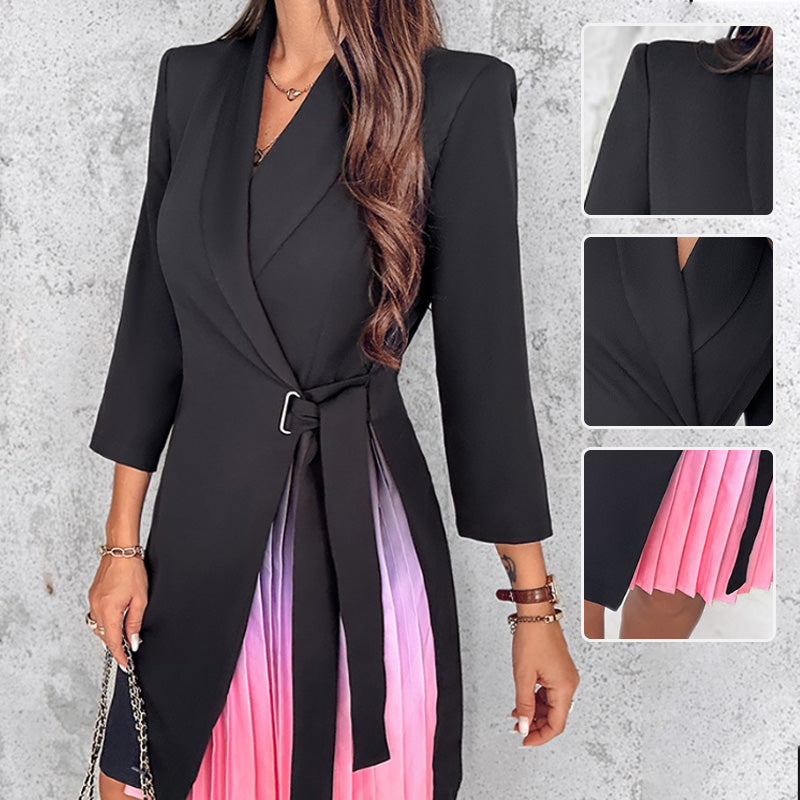 Robe Blazer Plissée Ombrée à Col Revers et Taille Nouée
