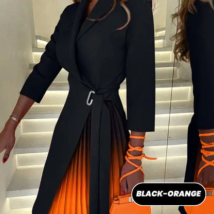 Robe Blazer Plissée Ombrée à Col Revers et Taille Nouée