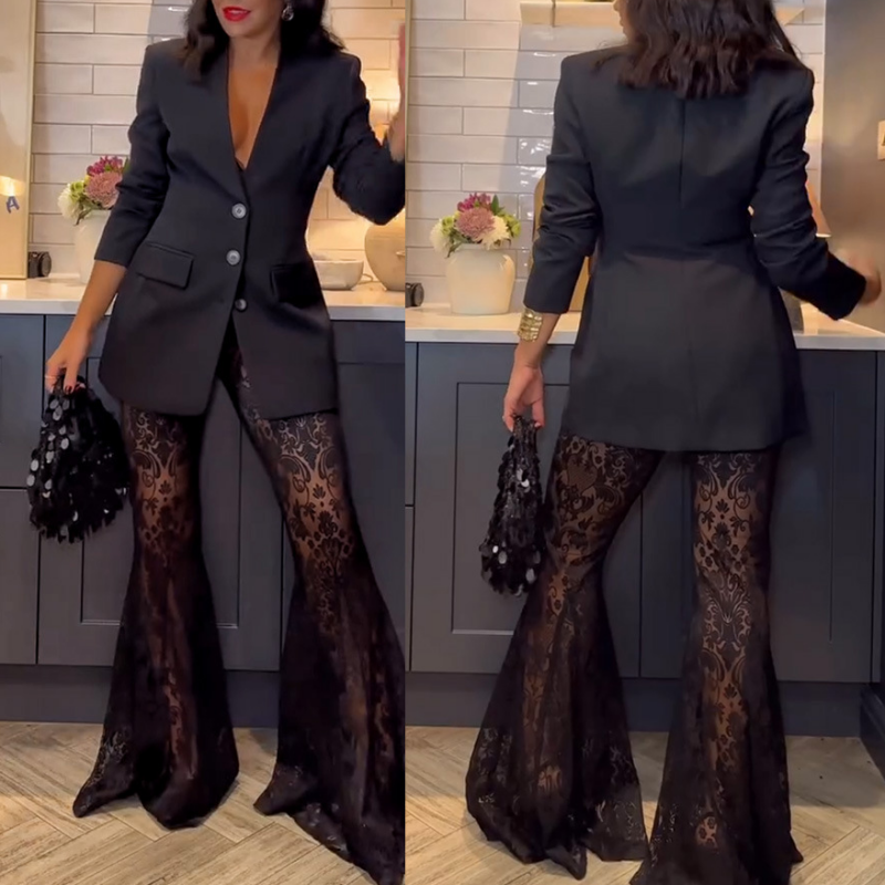 Ensemble de 2 Pièces : Blazer Tendance & Pantalon Évasé Transparent