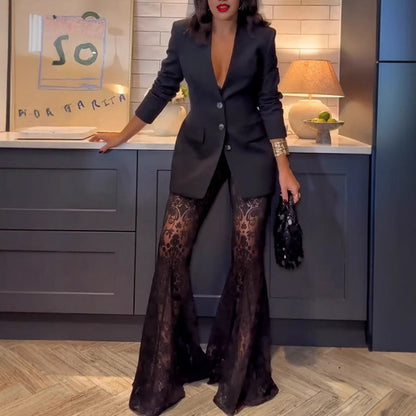 Ensemble de 2 Pièces : Blazer Tendance & Pantalon Évasé Transparent