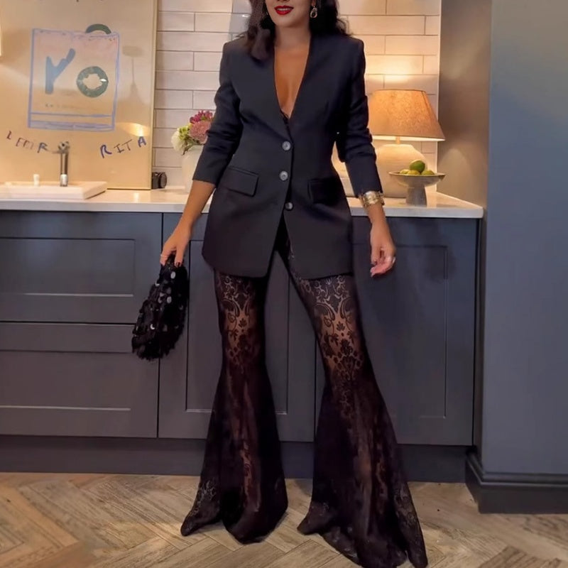 Ensemble de 2 Pièces : Blazer Tendance & Pantalon Évasé Transparent