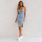 Robe camisole moulante fendue en denim à bretelles réglables et col en U